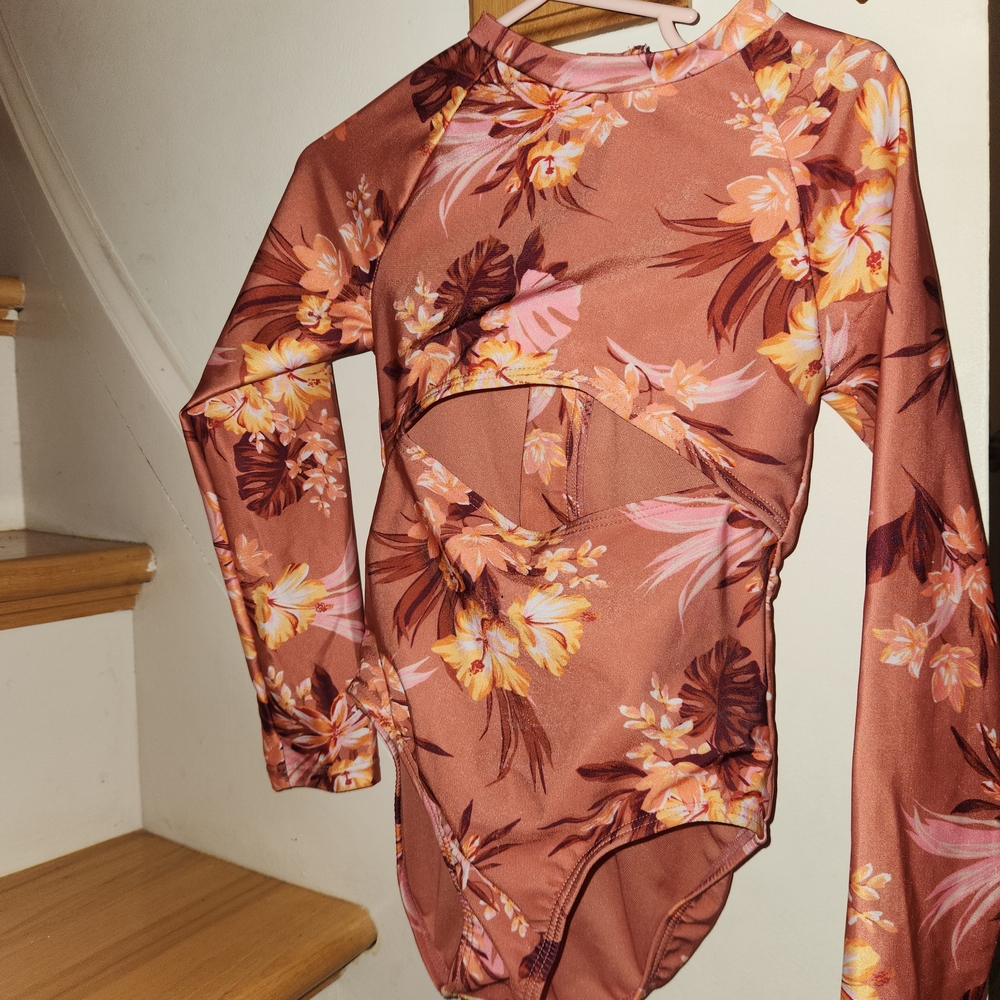 art class Floral Kids Swim One Piece - Brown and Orange